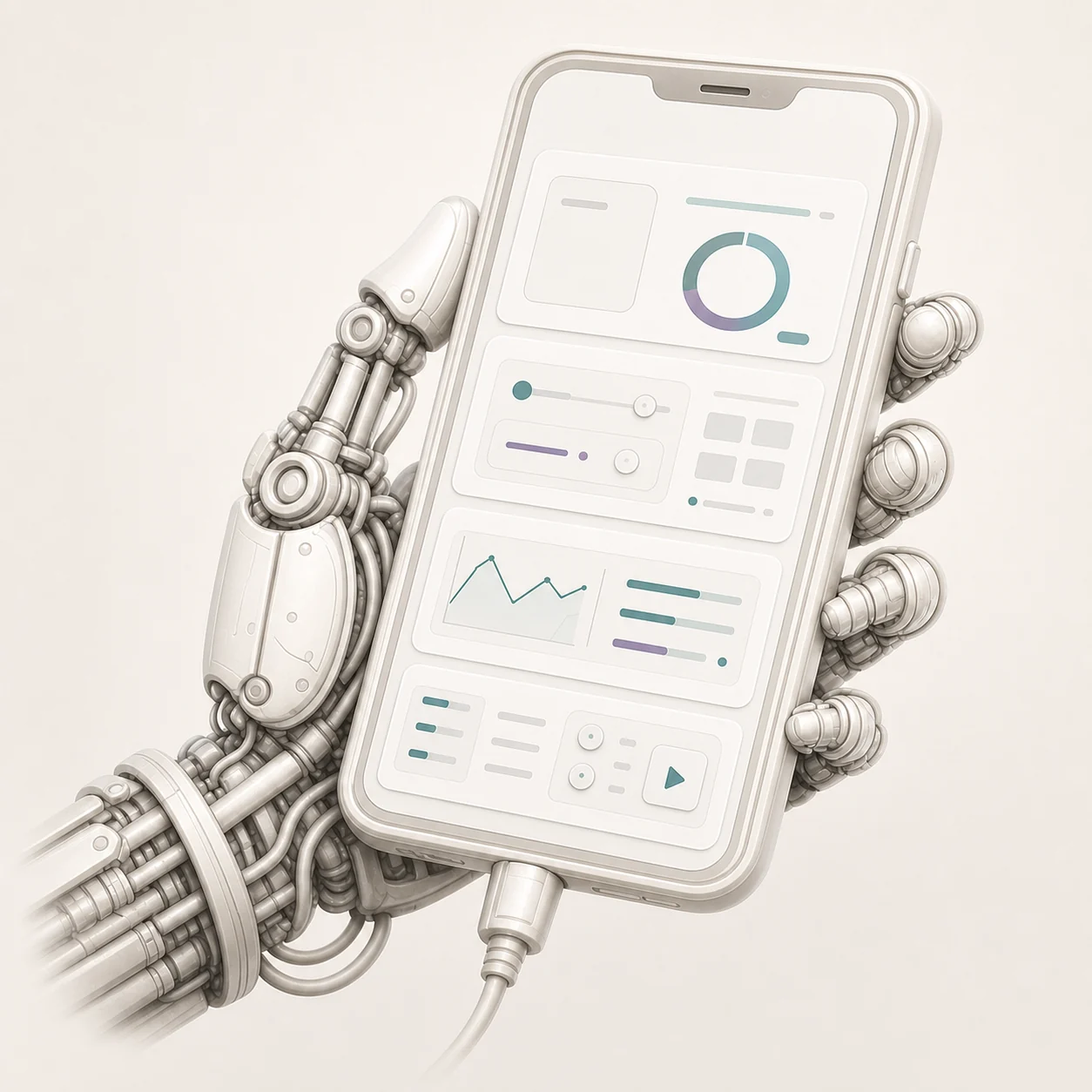 Роботизированная рука держит смартфон с интерфейсом Android-приложения