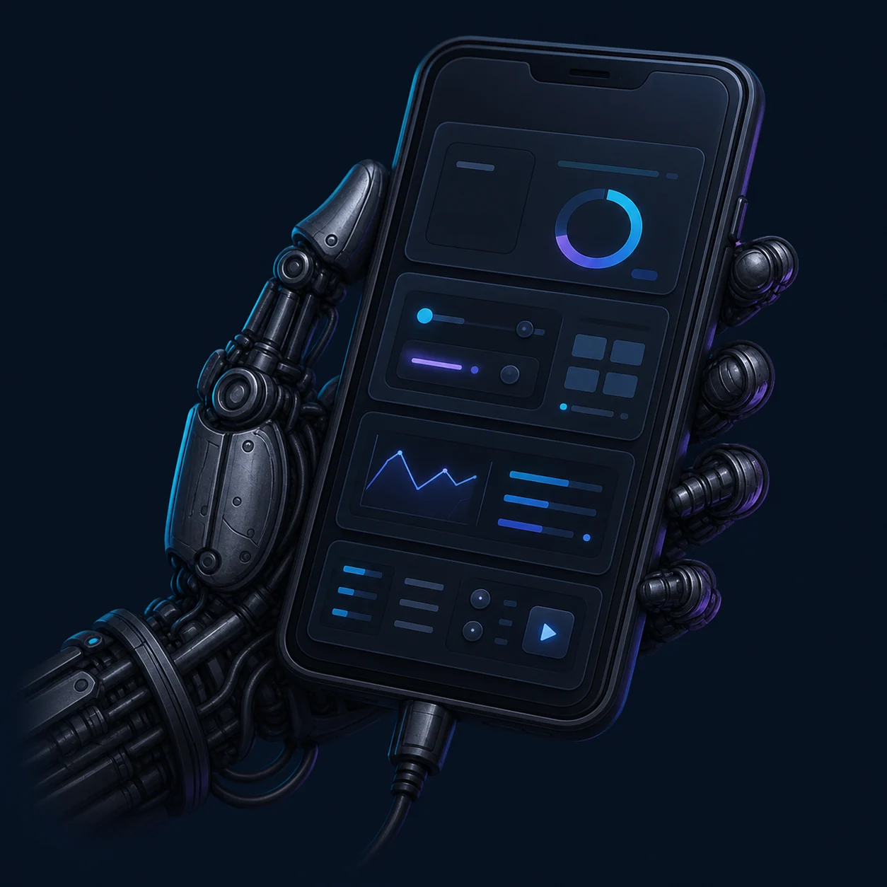 Роботизированная рука держит смартфон с интерфейсом Android-приложения